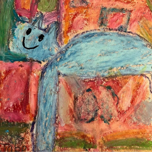 Outsider Art Pastel Cat Picture Matted - Picture 4 of 6